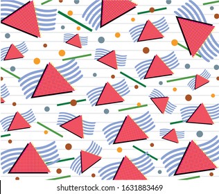 Vector retro 80's pop art style illustration bright triangle background with wavy lines and circle dots easy to edit