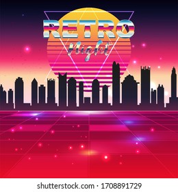Vector retro abstract background made in 80s style. With neon grids city silhouette in vintage style. Illustration graphic design.