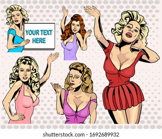 Chicas de anuncios de vectores retro - Caracteres posibles y ficticios para sus diseños originales y texto - Aspecto vintage realista 