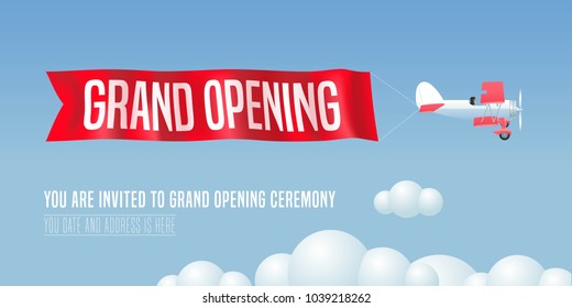 Vector retro airplane design element for invitation card to grand opening event. Store opening soon invite 