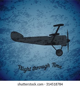 Vector retro airplane WW1 on blue grunge highlight background 
