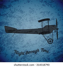 Vector retro airplane WW1 on blue grunge highlight background 