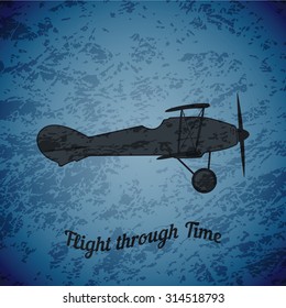 Vector retro airplane WW1 on blue grunge highlight background 