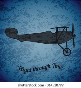 Vector retro airplane WW1 on blue grunge highlight background 