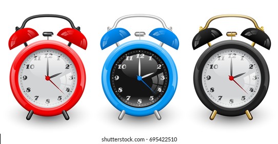 Vector retro alarm clock isolated on white background. Old fashioned set. Red, blue, black color icon.