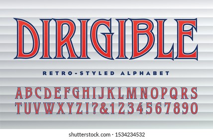 Vector retro alphabet; Condensed font with large pointed serifs. This lettering is similar to both 1930s art deco type and 1960s or 1970s rock album typography. Dirigible means zeppelin or blimp.