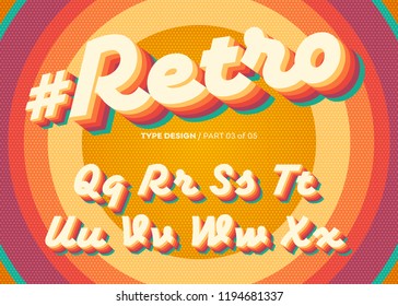 Vector Retro Alphabet Design. Vintage 3D Typeface with Colorful Rainbow Layers. Decorative Letters in 70s Style. Funky Typeset for Poster or Banner. Trendy Classic Cursive on Retro Circle Background.