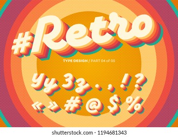 Vector Retro Alphabet Design. Vintage 3D Typeface with Colorful Rainbow Layers. Decorative Letters in 70s Style. Funky Typeset for Poster or Banner. Trendy Classic Cursive on Retro Circle Background.