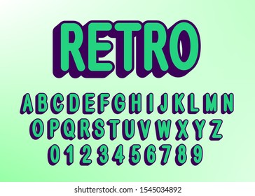 Vector retro alphabet letters font and number. Trendy flat minimal fashion designs. Typography fonts for print or logo design. Green letters with falling shadow.