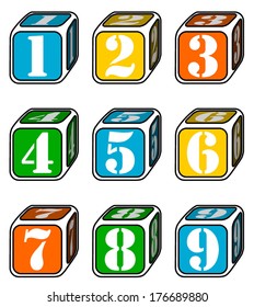 Vector retro alphabet set, alphabet, letters, numbers, children's, babies, kids cubes in different colors with letters and numbers. Vector art, eps10, symbol, sign, isolated on white background