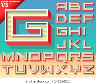 Vector retro alphabet for Summer typography design. Techno style. Upper cases