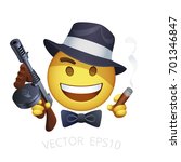 Vector retro American gangster smiley with a Thompson machine gun and a smoking cigar. Yellow emoji of criminal character with a black hat, bow tie and tommy gun. Mafia emoticon on a white background.