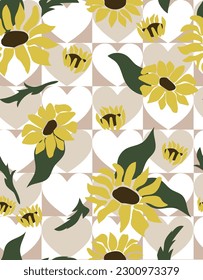 Vector retro art for fashion prints. Seamless pattern with sunflowers and heart checkered background. Vector illustration.