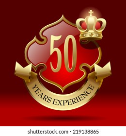 Vector retro artistic badge in the form of a shields with gold ribbon and crown against a dark red background. Years Experience Badge