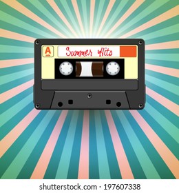 Vector retro audio cassette tape summer hits, background illustration