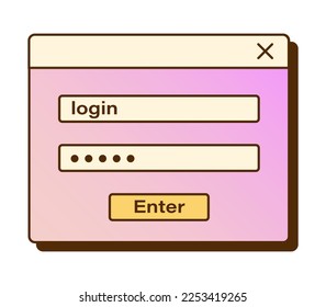Vector retro authorization window with login and password fields. Nostalgic UI. Gradient vaporwave computer interface. Authorization template.