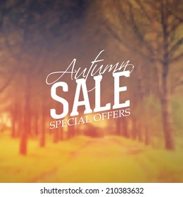 Vector Retro Autumn Sale banner typography. Fall Label in blurred autumn landscape background.