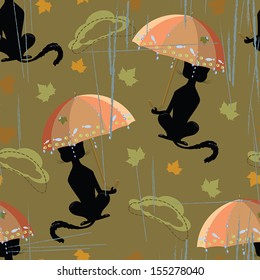 Vector retro autumn seamless leaf pattern with cat and umbrella