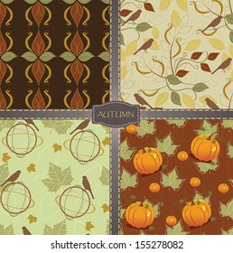Vector retro autumn seamless leaf pattern collection with pumpkin and bird