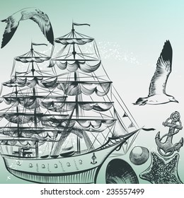Vector retro back with detailed ship in vintage style