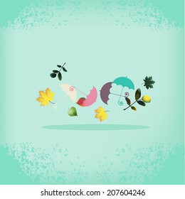 vector retro background with autumn leaves and umbrellas