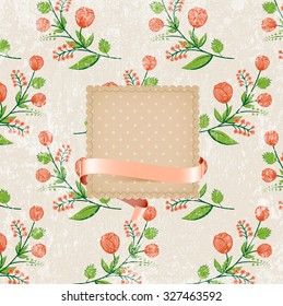 Vector retro background with floral ornament and a cardboard banner with silky ribbon