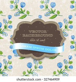 Vector retro background with floral ornament and a cardboard banner with silky ribbon