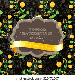 Vector retro background with floral ornament and a cardboard banner with silky ribbon