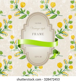 Vector retro background with floral ornament and a cardboard banner and silky ribbon