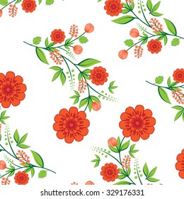 Vector retro background with floral ornament. Red flowers on white.