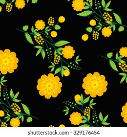 Vector retro background with floral ornament. Yellow flowers on black.