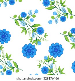 Vector retro background with floral ornament. Blue flowers on white.