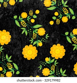 Vector retro background with floral ornament. Yellow flowers on black