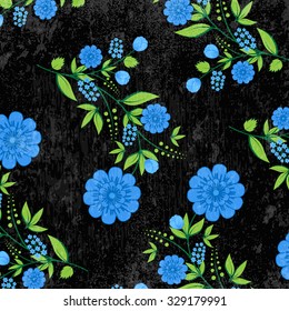 Vector retro background with floral ornament. Blue flowers on black