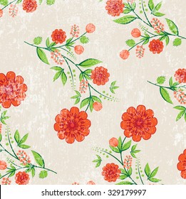 Vector retro background with floral ornament. Red flowers