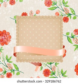 Vector retro background with floral ornament and a square cardboard banner with pink silky ribbon. Red flowers