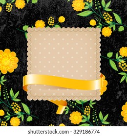 Vector retro background with floral ornament and a square cardboard banner with yellow silky ribbon. Yellow flowers on black