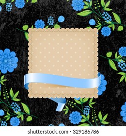 Vector retro background with floral ornament and a square cardboard banner with blue silky ribbon. Blue flowers on black