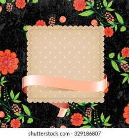 Vector retro background with floral ornament and a square cardboard banner with pink silky ribbon. Red flowers on black