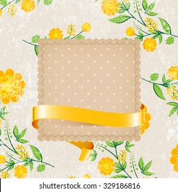 Vector retro background with floral ornament and a square cardboard banner with yellow silky ribbon. Yellow flowers