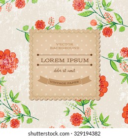 Vector retro background with floral ornament and a square cardboard banner. Red flowers 