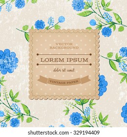 Vector retro background with floral ornament and a square cardboard banner. Blue flowers 