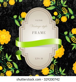 Vector retro background with floral ornament and a vintage style cardboard banner with green silky ribbon. Yellow flowers on black