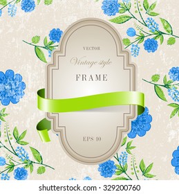 Vector retro background with floral ornament and a vintage style cardboard banner with green silky ribbon. Blue flowers
