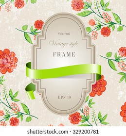 Vector retro background with floral ornament and a vintage style cardboard banner with green silky ribbon. Red flowers