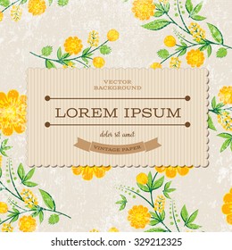 Vector retro background with floral ornament and a rectangular cardboard banner. Yellow flowers