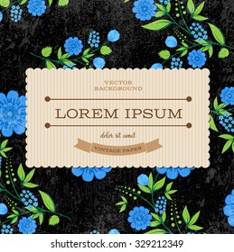 Vector retro background with floral ornament and a rectangular cardboard banner. Blue flowers on black