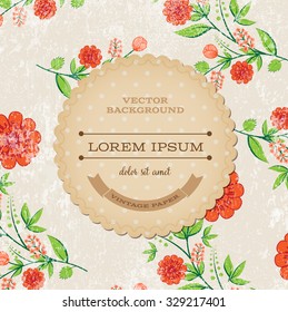 Vector retro background with floral ornament and a round cardboard banner. Red flowers 