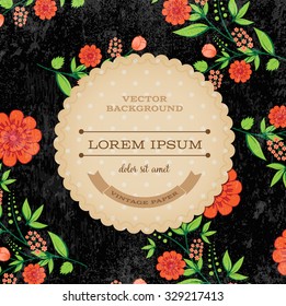 Vector retro background with floral ornament and a round cardboard banner. Red flowers on black