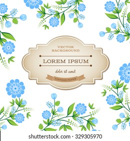 Vector retro background with floral ornament and a cardboard banner. Blue flowers